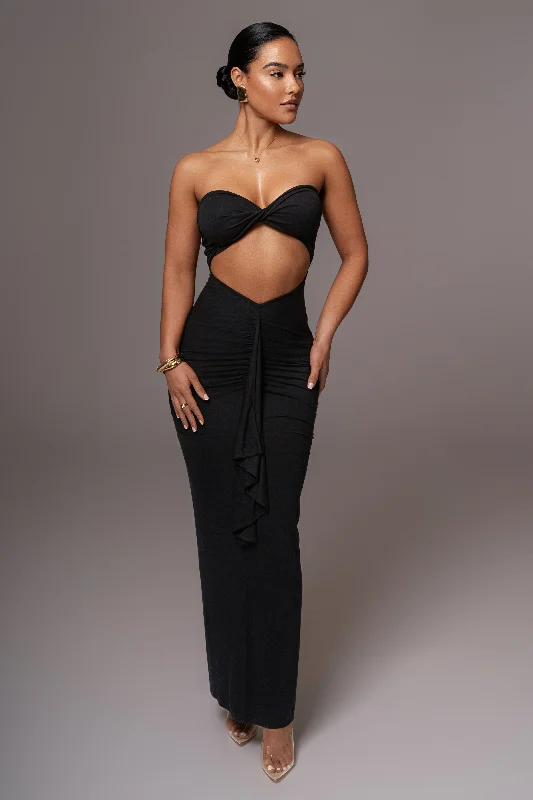 Black Strapless Drape Maxi Dress