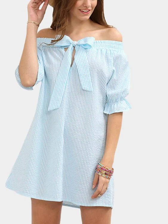 Wholesale Blue Bateau Off The Shoulder Half Sleeve Stripe Mini Dresses