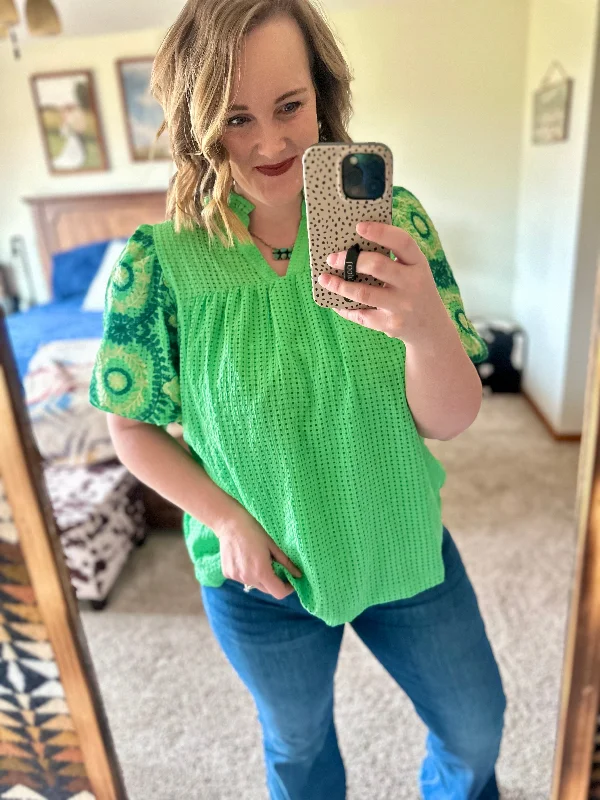 Green Checker Embroidered Sleeves Top