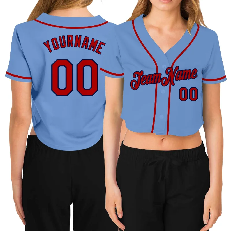 Custom Women's Light Blue Red-Navy V-Neck Cropped Baseball Jersey