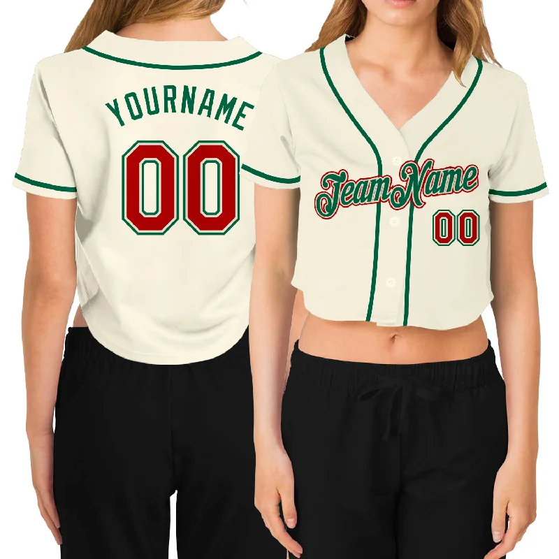 Custom Women's Cream Red-Kelly Green V-Neck Cropped Baseball Jersey