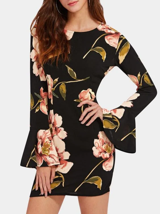 Wholesale Black Round Neck Floral Print Mini Dress