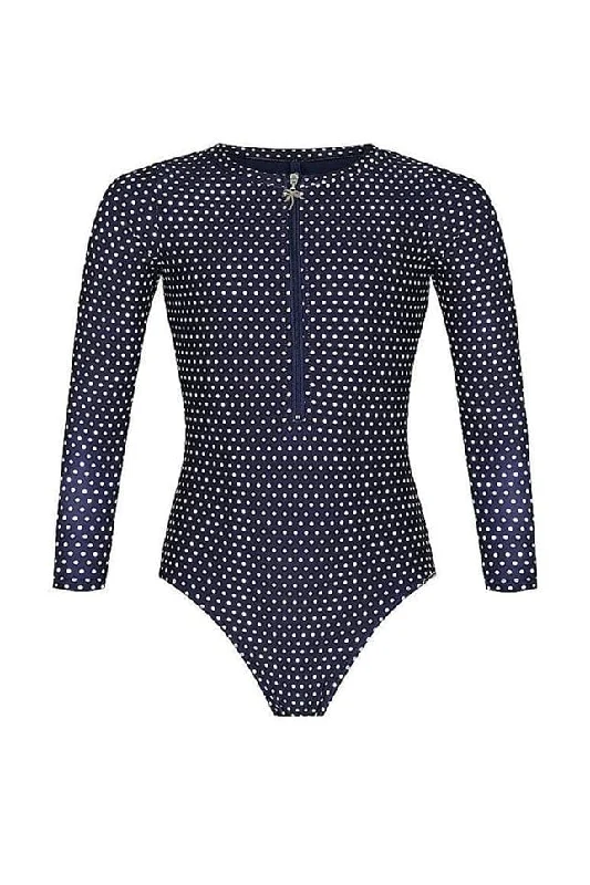 Navy & White Dots Long Sleeve Kids One Piece