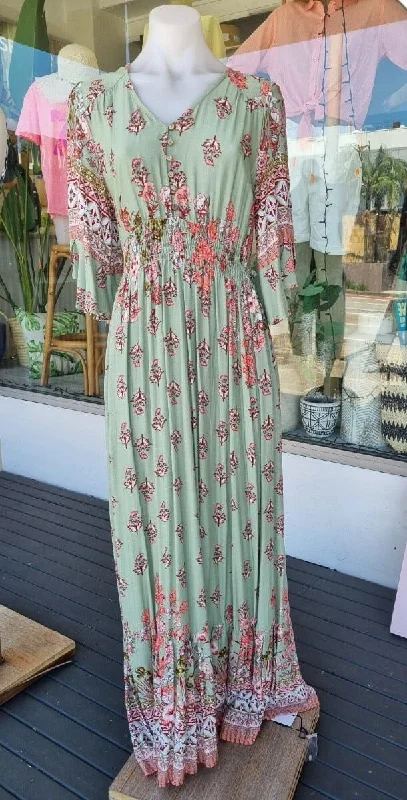 Silver Wishes D8474A Long Rayon Maxi Olive Floral Dress