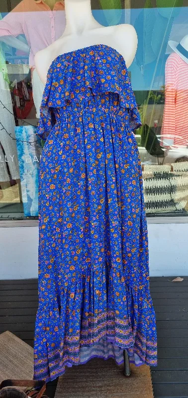 Royal Blue Floral Bandeau Maxi Dress 100 % Rayon