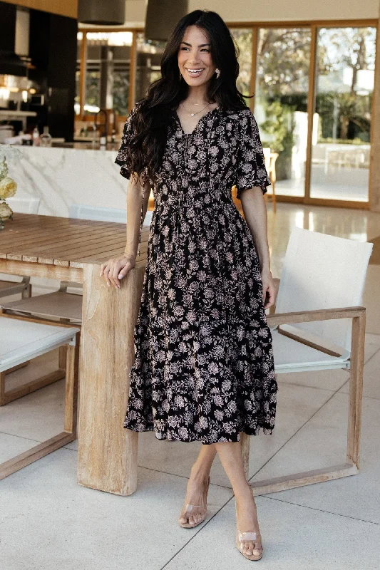 Spell Boho Midi Dress | Black + Taupe Floral