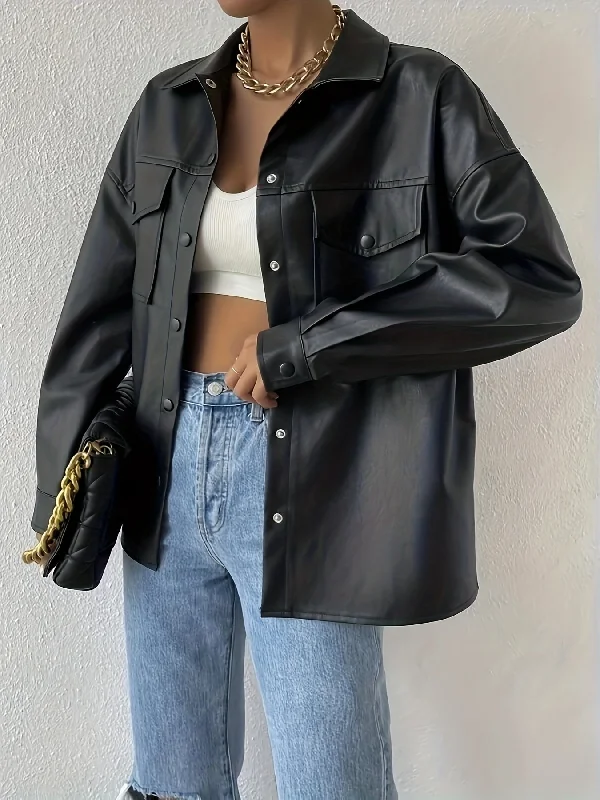 Sixsr Faux Leather Flap Pockets Jacket, Vintage Long Sleeve Drop Shoulder Solid Outwear , Women's Clothing