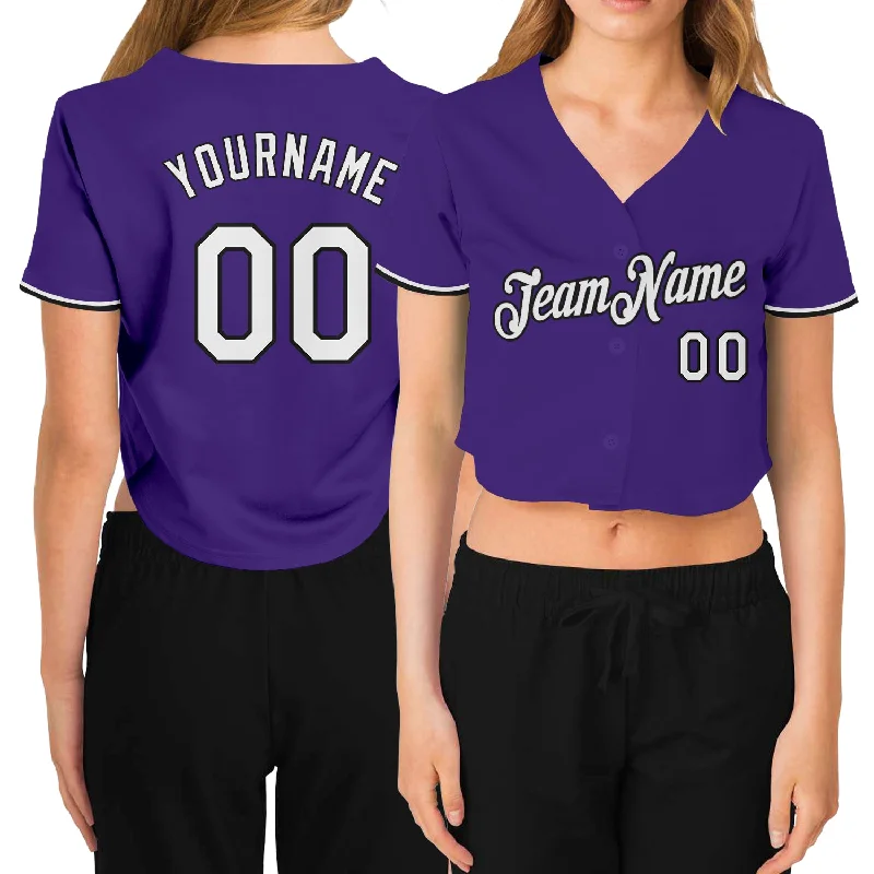 Custom Women's Purple White-Black V-Neck Cropped Baseball Jersey