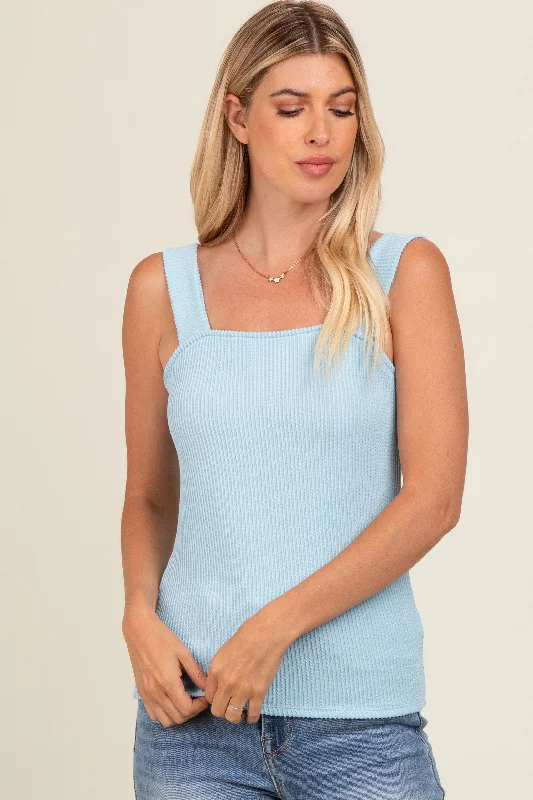 Light Blue Ribbed Square Neck Tank Top