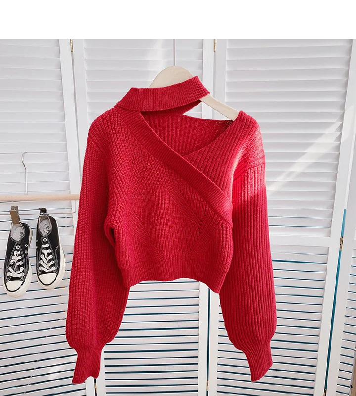 Design hollow out hanging neck V-Neck long sleeve temperament top  6045