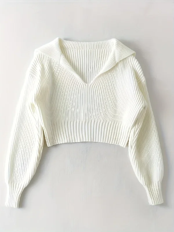 Sixsr Solid Crop Rib Knit Sweater, Casual Long Sleeve V Neck Sweater, Women's Clothing