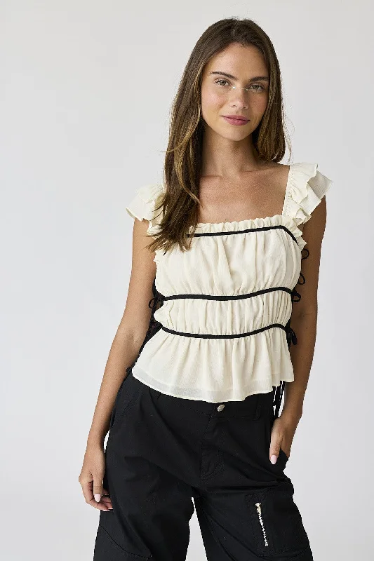 Cream Ruffled Side Tie Top