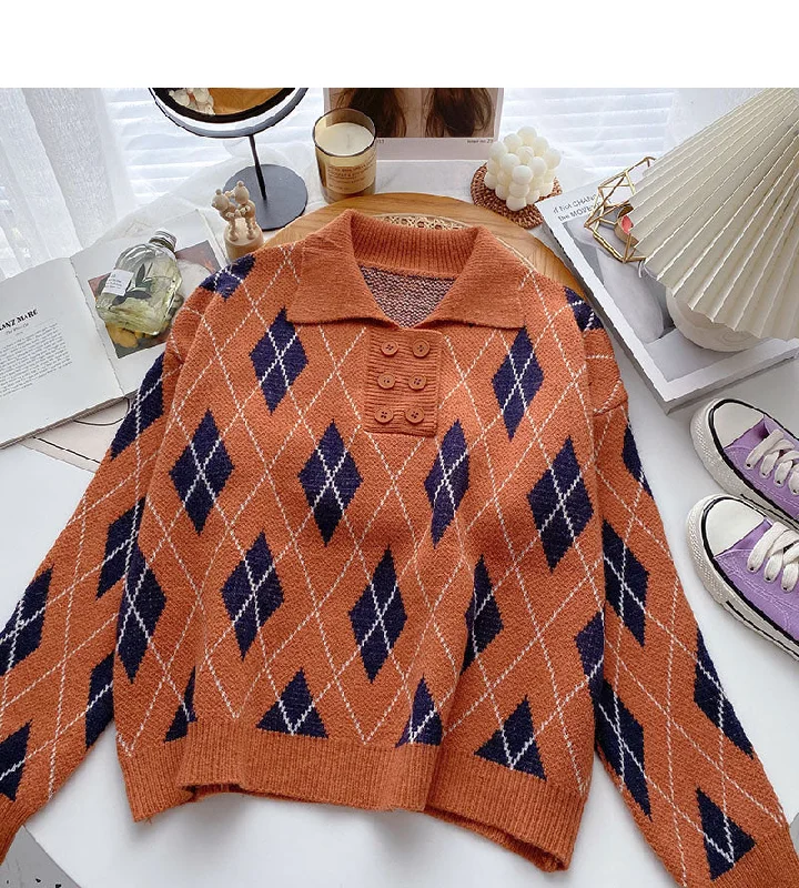 Lapel Pullover design rhombic contrast top  6050