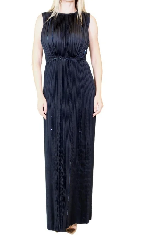 Black Pleated Sequin Embellished Maxi Silk Gown