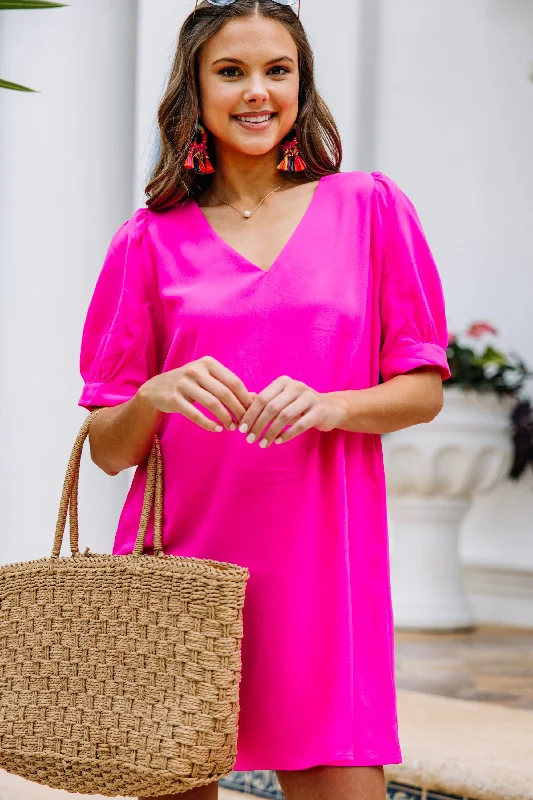 At First Sight Fuchsia Pink Puff Sleeve Dress