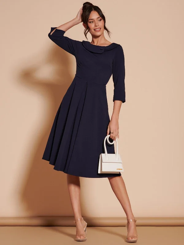 3/4 Sleeve Fold Neck Midi Dress, Navy