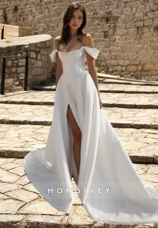 Casual Off-Shoulder EmpireA-Line With Side Slit Wedding Dress