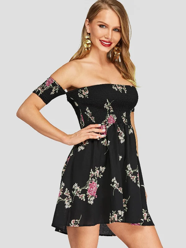 Wholesale Black Off The Shoulder Short Sleeve Floral Print Mini Dress