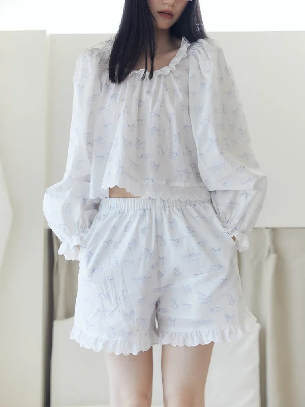 French Blue Kitten Print Relax Room Wear Set【s0000003571】