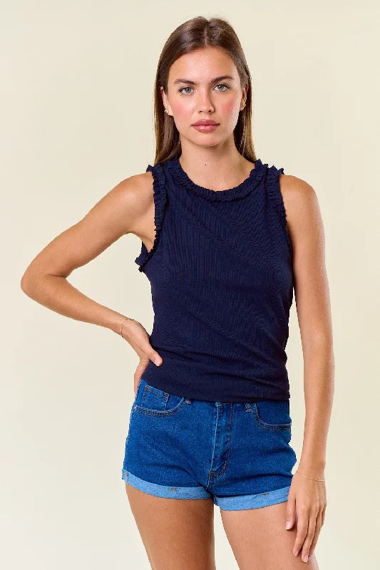 Navy Rib Knit Ruffle Trim Sleeveless Top