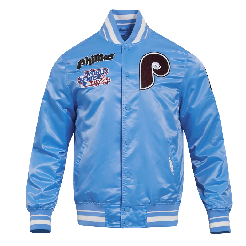 MLB PHILADELPHIA PHILLIES RETRO CLASSIC MEN'S RIB SATIN JACKET (UNIVERSITY BLUE)