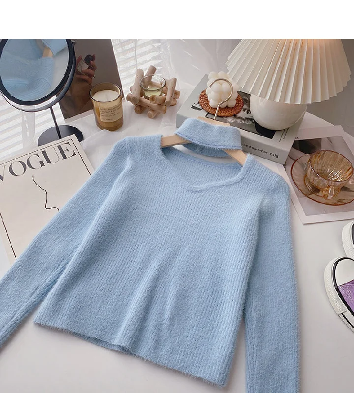 Imitation mink pure color sweater hollow neck top  6061