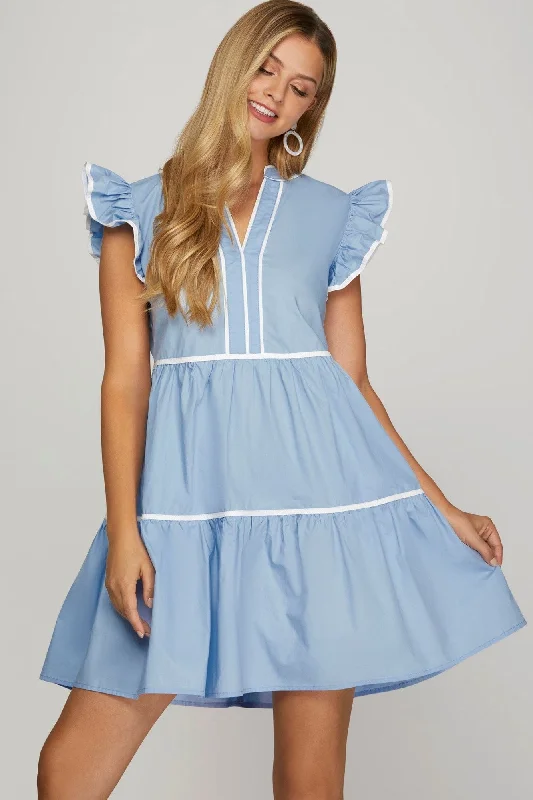 Sky Blue Ruffle Sleeve Tiered Dress