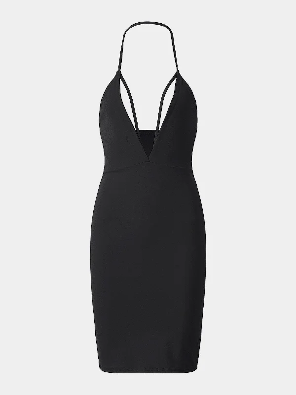 Wholesale Deep V Neck Backless Cut Out Sleeveless Black Mini Dress