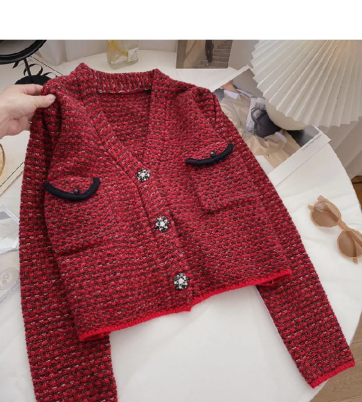 Small fragrance retro red sweater cardigan female  6052