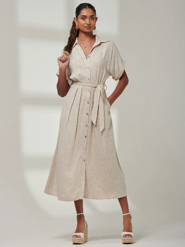 Jessie Linen  Shirt Midi Dress, Oatmeal