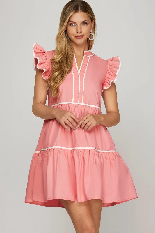 Pink Ruffle Sleeve Tiered Dress